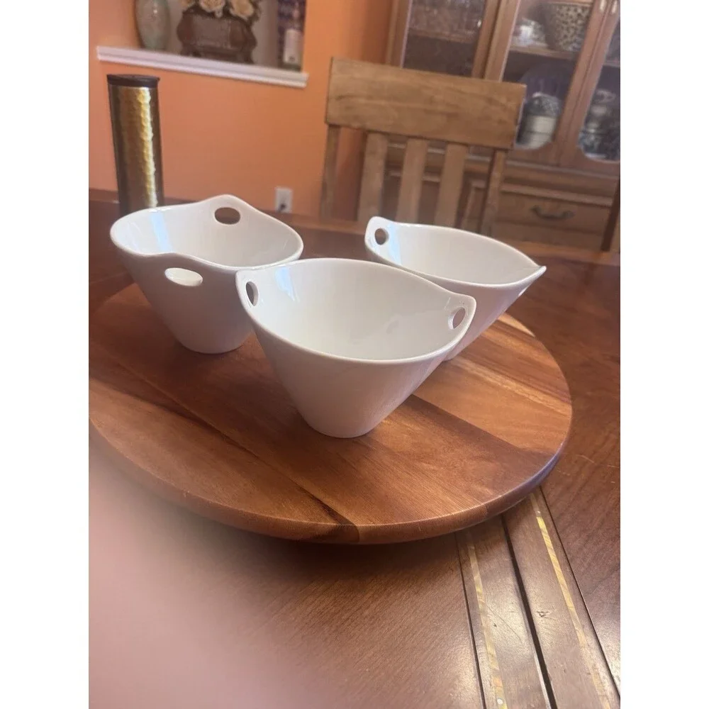 Crate & Barrel Bowls Set Of 2 Fine White Porcelain Handled Multi-Use